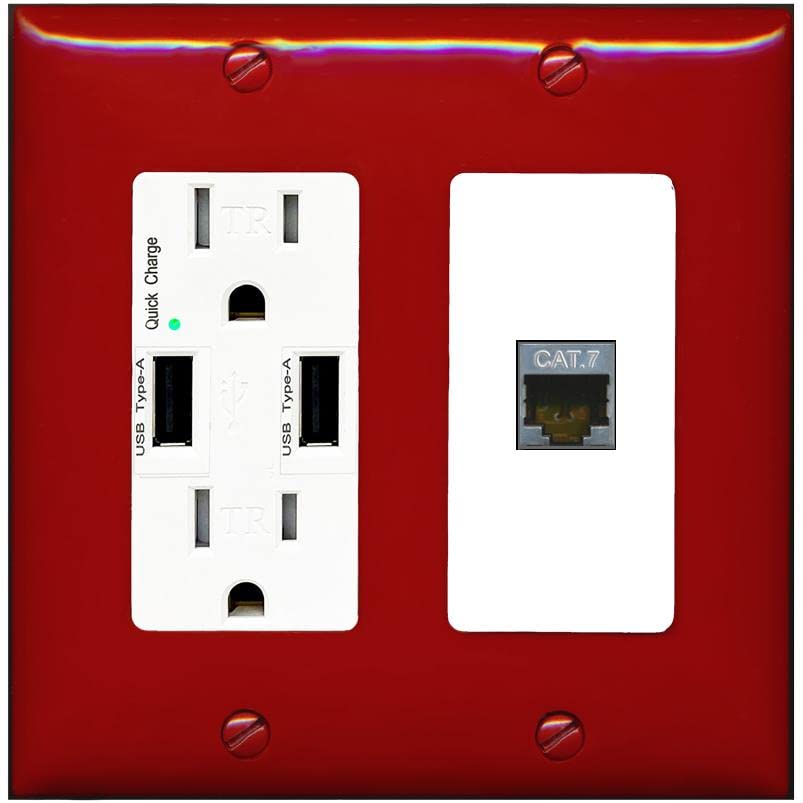 RiteAV 1 Port Cat7 Shielded Ethernet Wall Plate - USB Charger [Red/White]