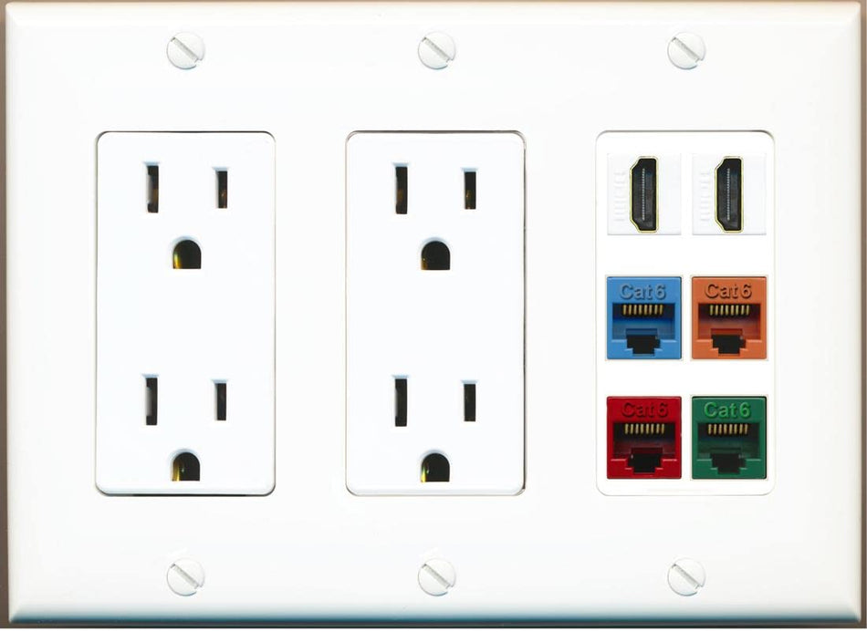 RiteAV 2 HDMI 4 Cat6 Ethernet Mixed Color Wall Plate - 3G Dual Outlet [White/White]