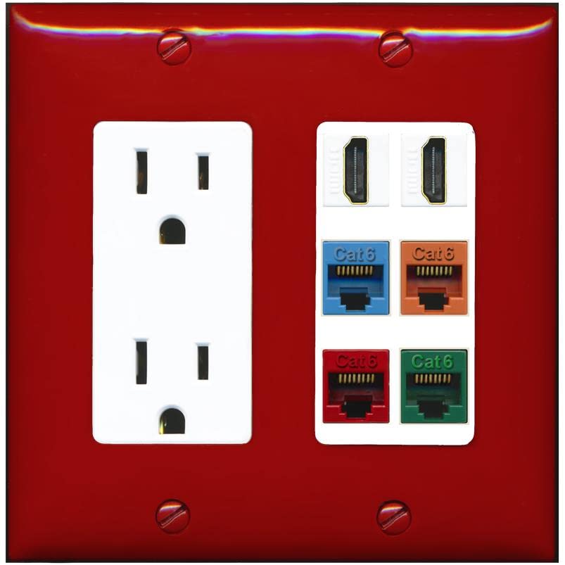 RiteAV 2 HDMI 4 Cat6 Ethernet Mixed Color Wall Plate - Outlet [Red/White]