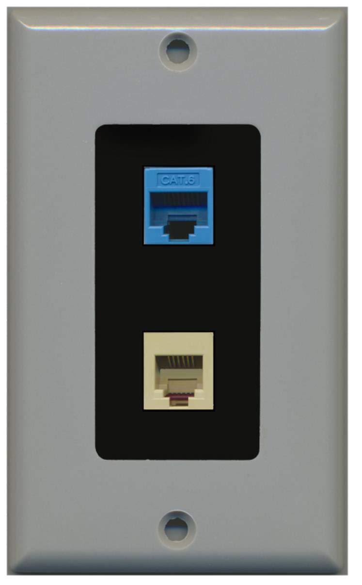 RiteAV - 1 Port Phone Beige 1 Port Cat6 Ethernet Blue Decorative Wall Plate - Gray/Black - Bracket Included