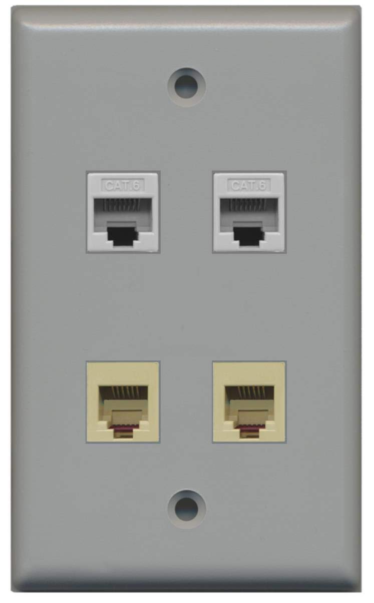 RiteAV - 2 Port Phone RJ11 RJ12 and 2 Port Cat6 Ethernet Wall Plate - Gray