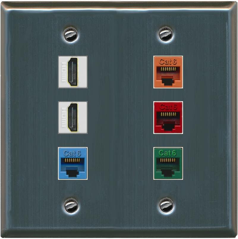 RiteAV 2 HDMI 4 Cat6 Ethernet Mixed Color Wall Plate - Flat 2 Gang [Stainless Steel]