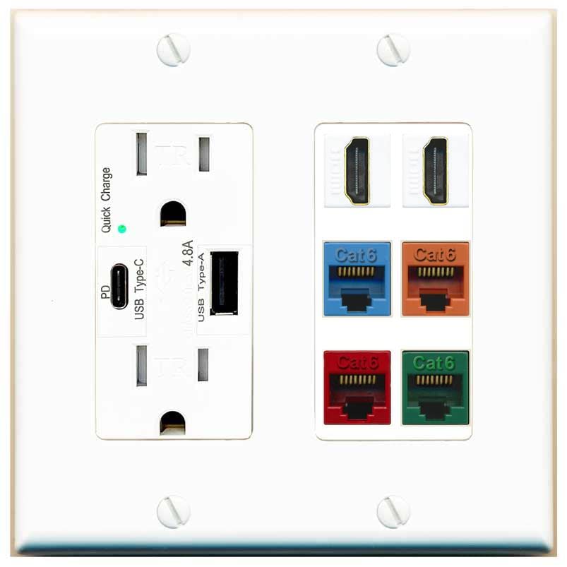 RiteAV 2 HDMI 4 Cat6 Ethernet Mixed Color Wall Plate - USB A+C Charger [White/White]