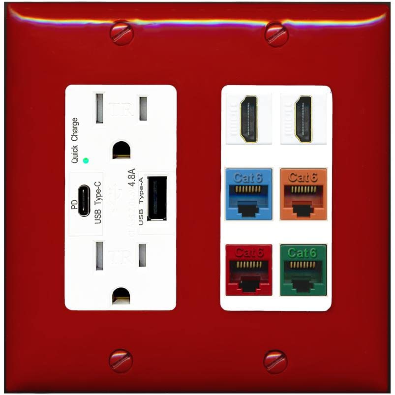 RiteAV 2 HDMI 4 Cat6 Ethernet Mixed Color Wall Plate - USB A+C Charger [Red/White]