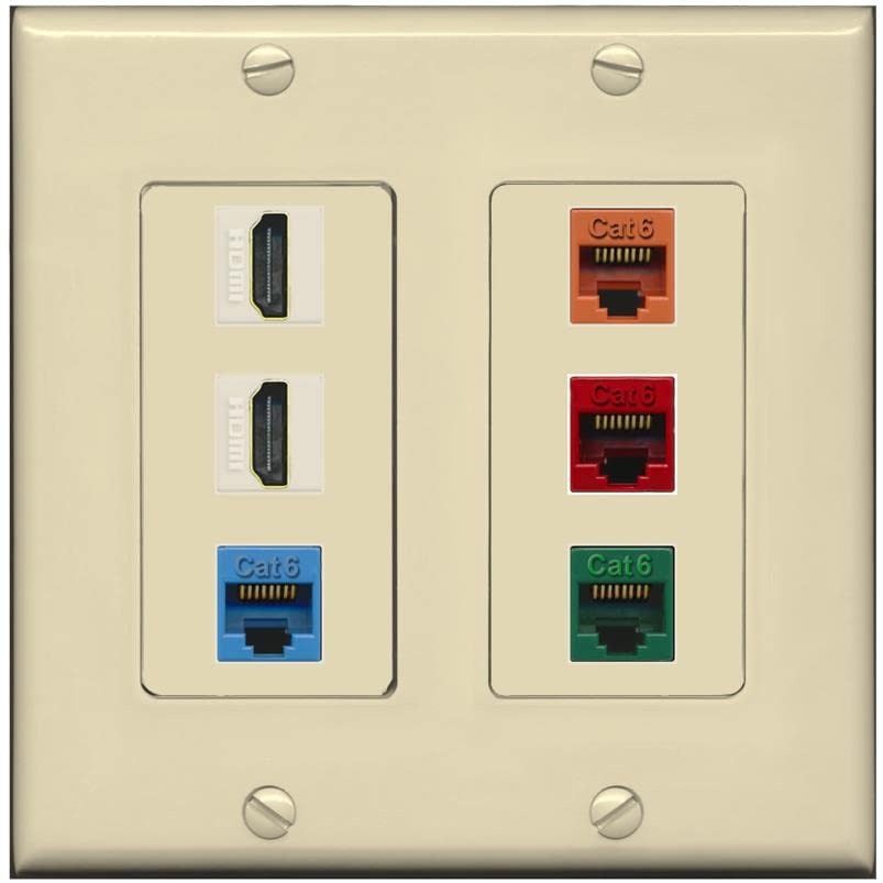 RiteAV 2 HDMI 4 Cat6 Ethernet Mixed Color Wall Plate - 2 Gang [Ivory/Ivory]
