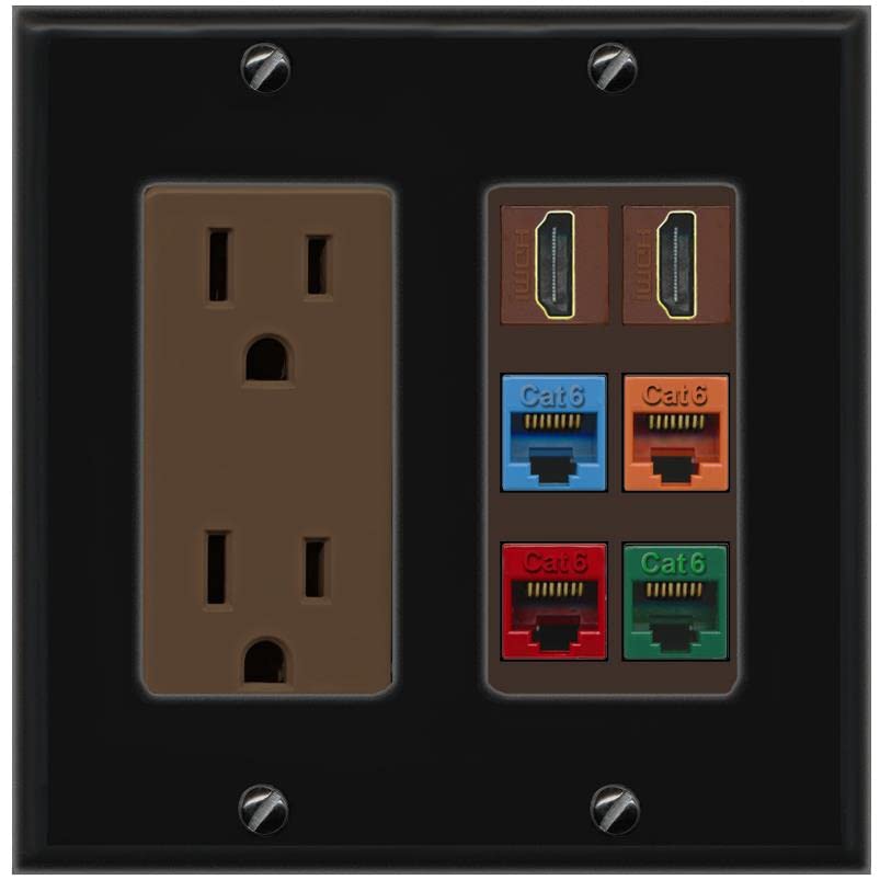RiteAV 2 HDMI 4 Cat6 Ethernet Mixed Color Wall Plate - Outlet [Black/Brown]