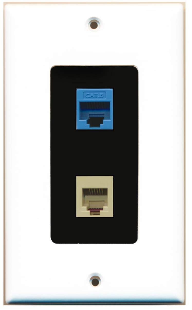 RiteAV - 1 Port Phone Beige 1 Port Cat6 Ethernet Blue Decorative Wall Plate - White/Black - Bracket Included