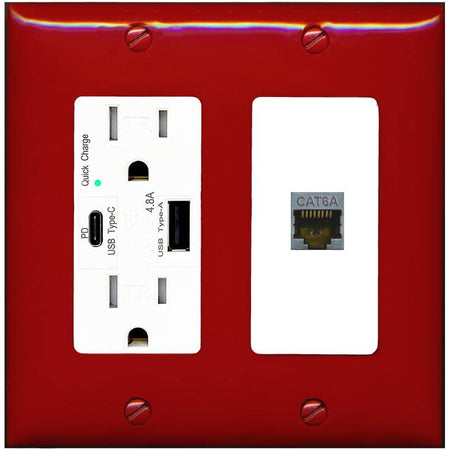 RiteAV 1 Port Cat6A Wall Plate - USB A+C Charger [Red/White]