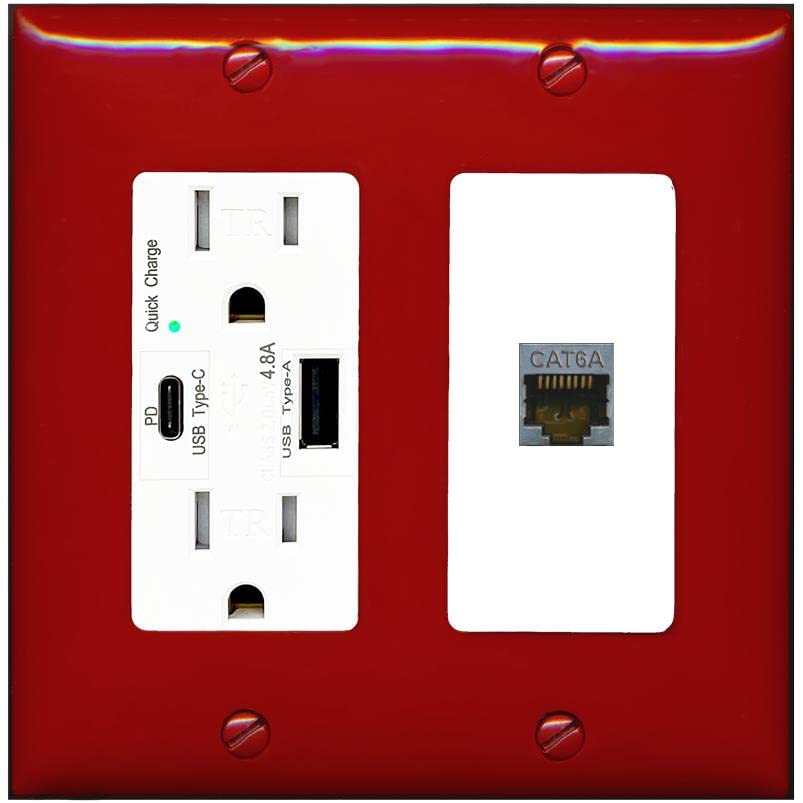 RiteAV 1 Port Cat6A Wall Plate - USB A+C Charger [Red/White]