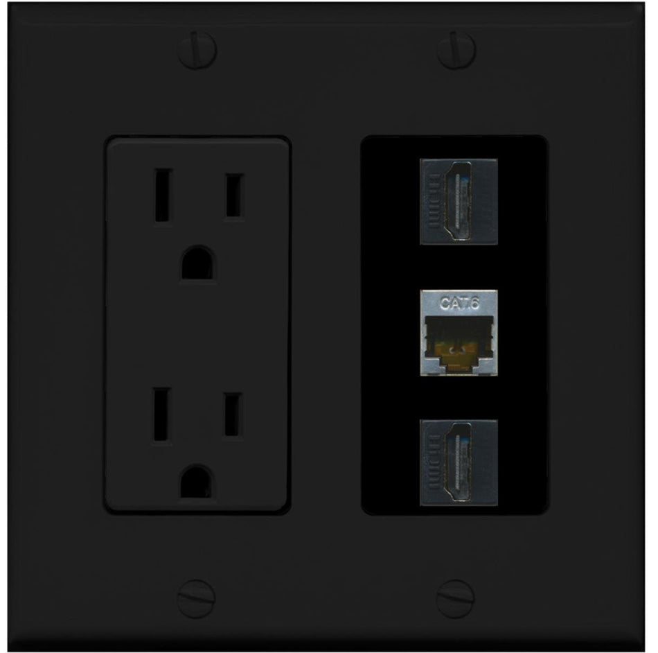 RiteAV - 15 Amp Power Outlet 2 Port HDMI 1 Port Shielded Cat6 Decorative Wall Plate - Black