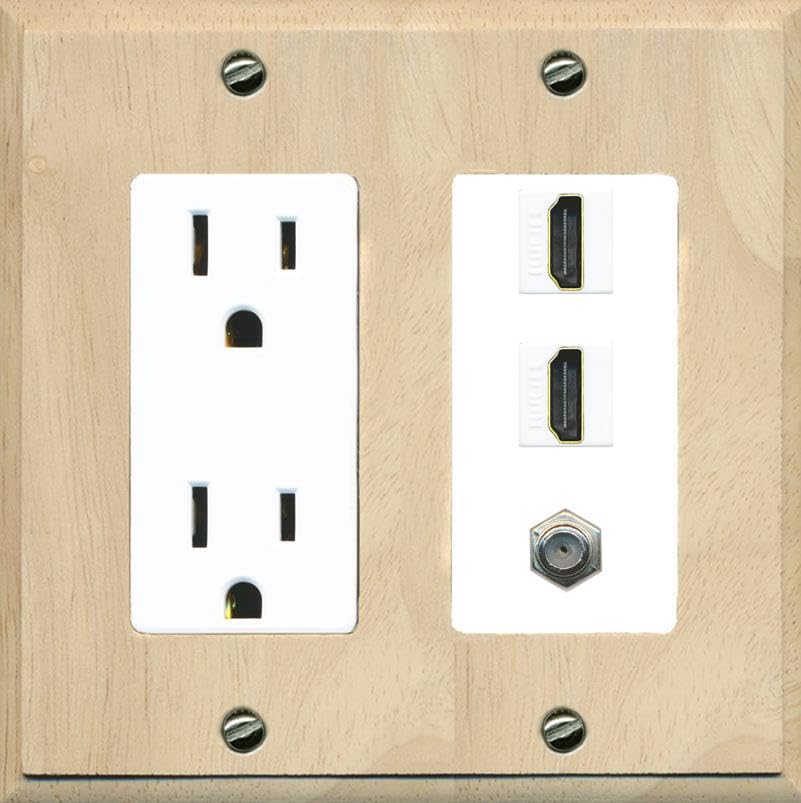COAX 2 HDMI Wall Plate-Outlet Wood/White