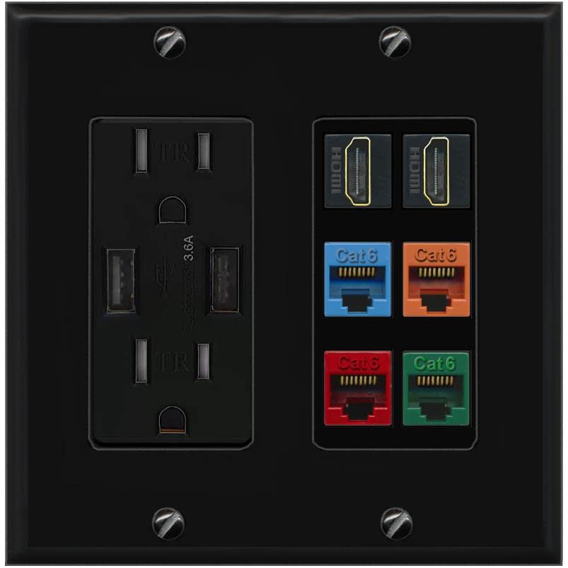 RiteAV 2 HDMI 4 Cat6 Ethernet Mixed Color Wall Plate - USB Charger [Black/Black]