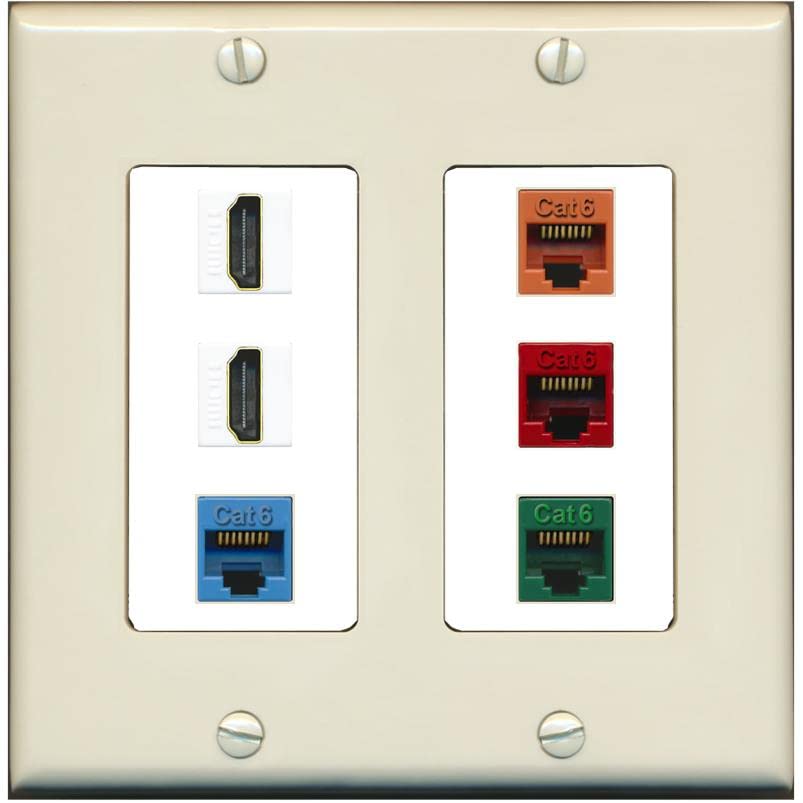 RiteAV 2 HDMI 4 Cat6 Ethernet Mixed Color Wall Plate - 2 Gang [Light-Almond/White]