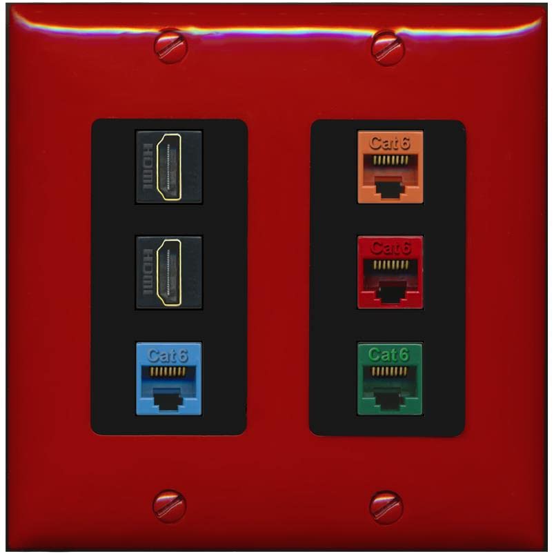 RiteAV 2 HDMI 4 Cat6 Ethernet Mixed Color Wall Plate - 2 Gang [Red/Black]
