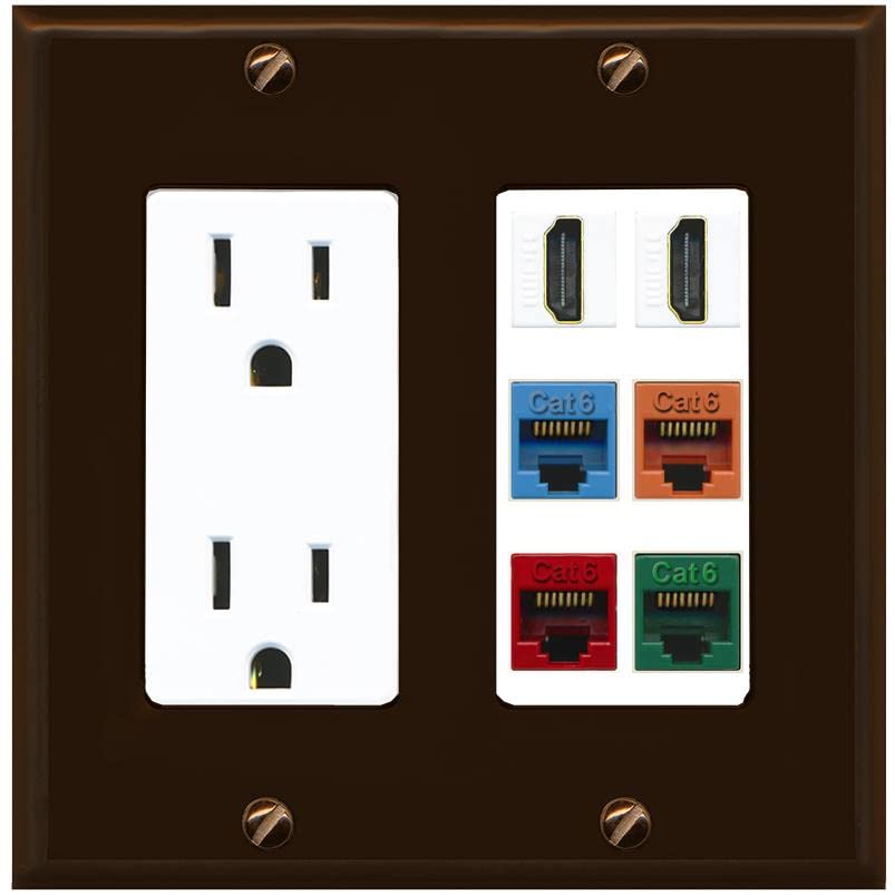 RiteAV 2 HDMI 4 Cat6 Ethernet Mixed Color Wall Plate - Outlet [Brown/White]