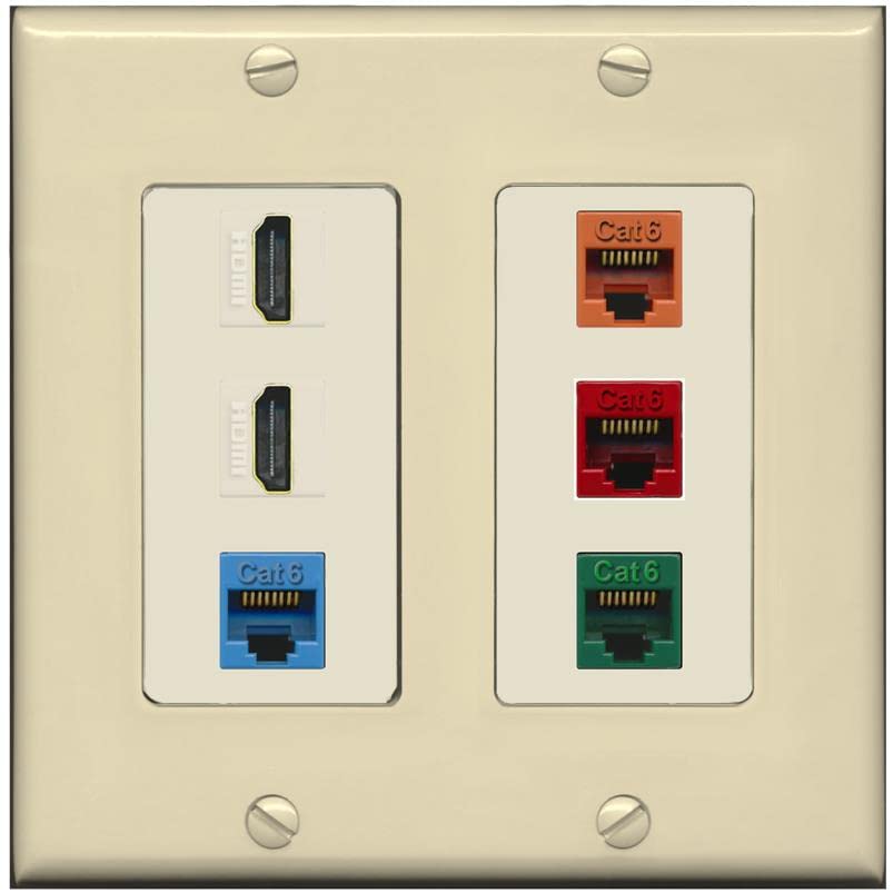 RiteAV 2 HDMI 4 Cat6 Ethernet Mixed Color Wall Plate - 2 Gang [Ivory/Light-Almond]