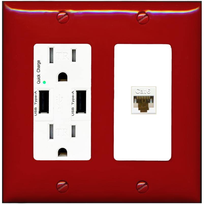 RiteAV 1 Port Cat6 Ethernet Wall Plate Female-Female - USB Charger [Red/White]
