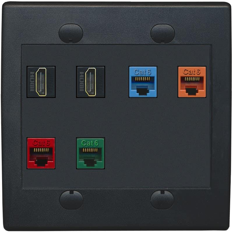 RiteAV 2 HDMI 4 Cat6 Ethernet Mixed Color Wall Plate - Flat 2 Gang [Black/Black]