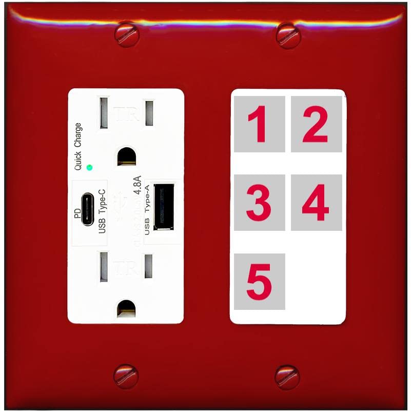 RiteAV - Custom Wall Plate 5 Port - USB A+C Charger [Red/White]
