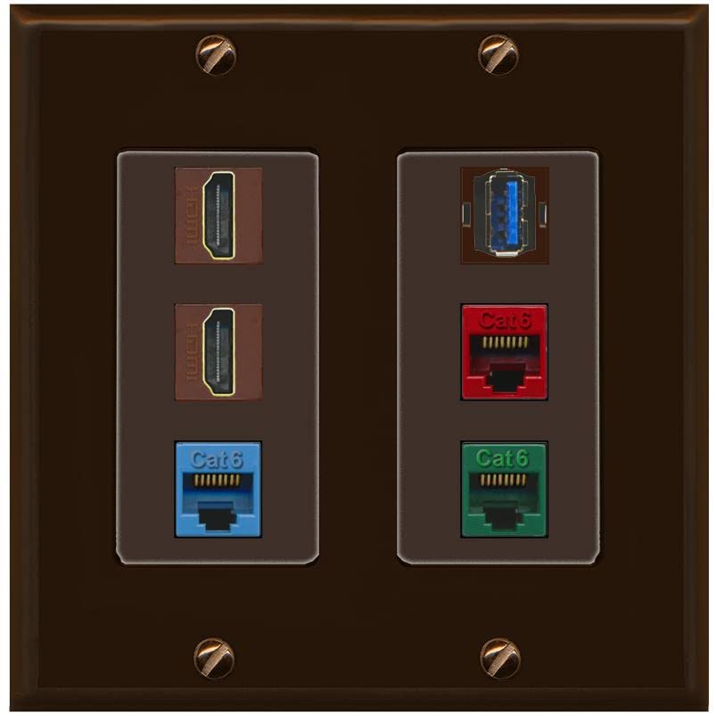 RiteAV 2 HDMI 3 Cat6 Ethernet USB3 Mixed Color Wall Plate - 2 Gang [Brown/Brown]