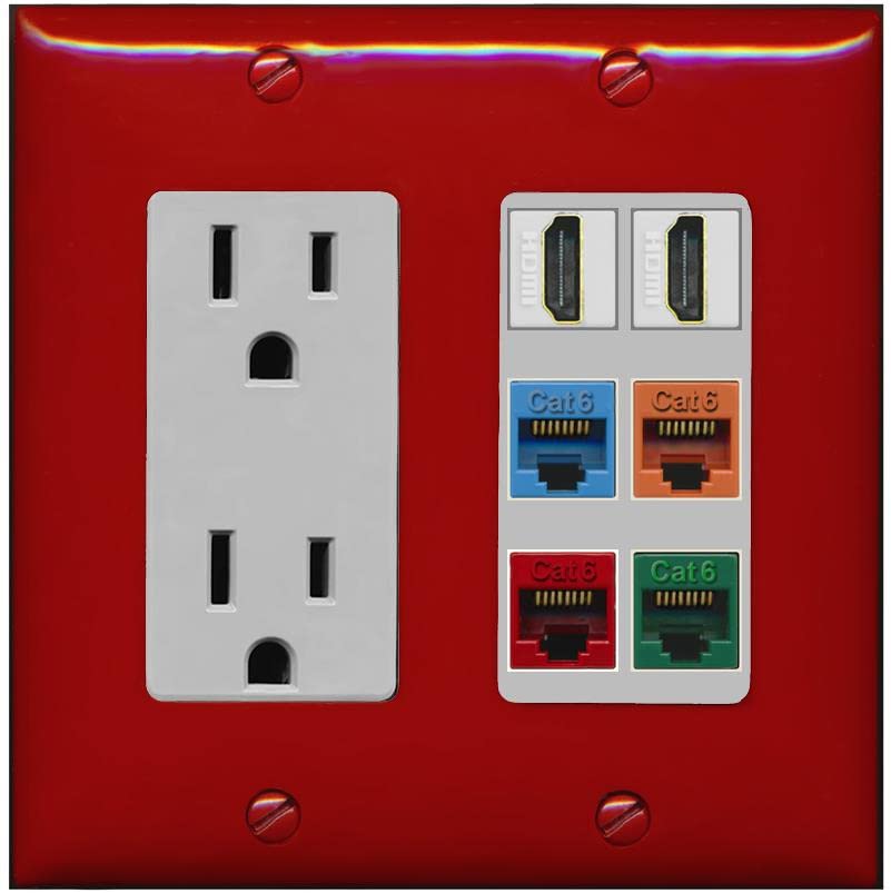 RiteAV 2 HDMI 4 Cat6 Ethernet Mixed Color Wall Plate - Outlet [Red/Gray]