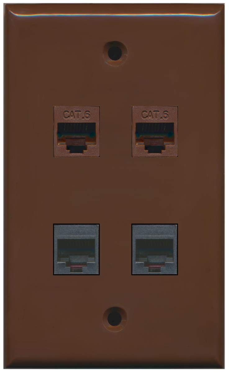 RiteAV - 2 Port Phone RJ11 RJ12 and 2 Port Cat6 Ethernet Wall Plate - Brown