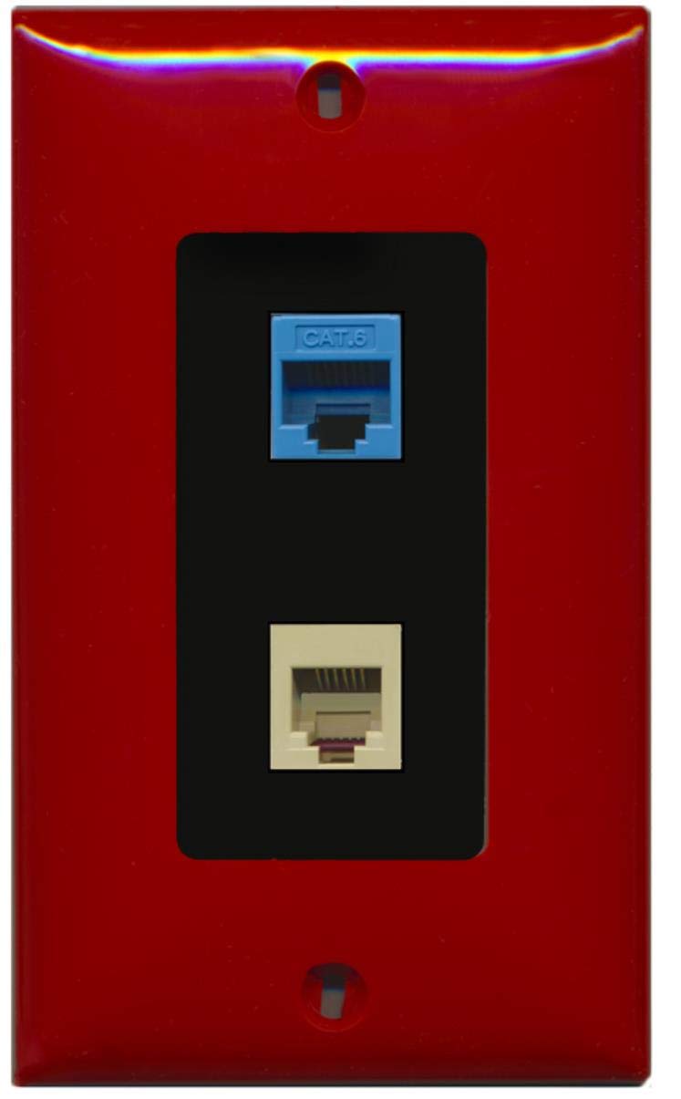 RiteAV - 1 Port Phone Beige 1 Port Cat6 Ethernet Blue Decorative Wall Plate - Red/Black - Bracket Included