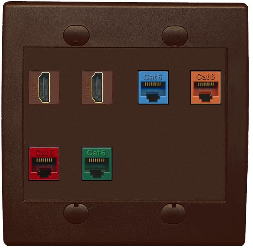 RiteAV 2 HDMI 4 Cat6 Ethernet Mixed Color Wall Plate - Flat 2 Gang [Brown/Brown]