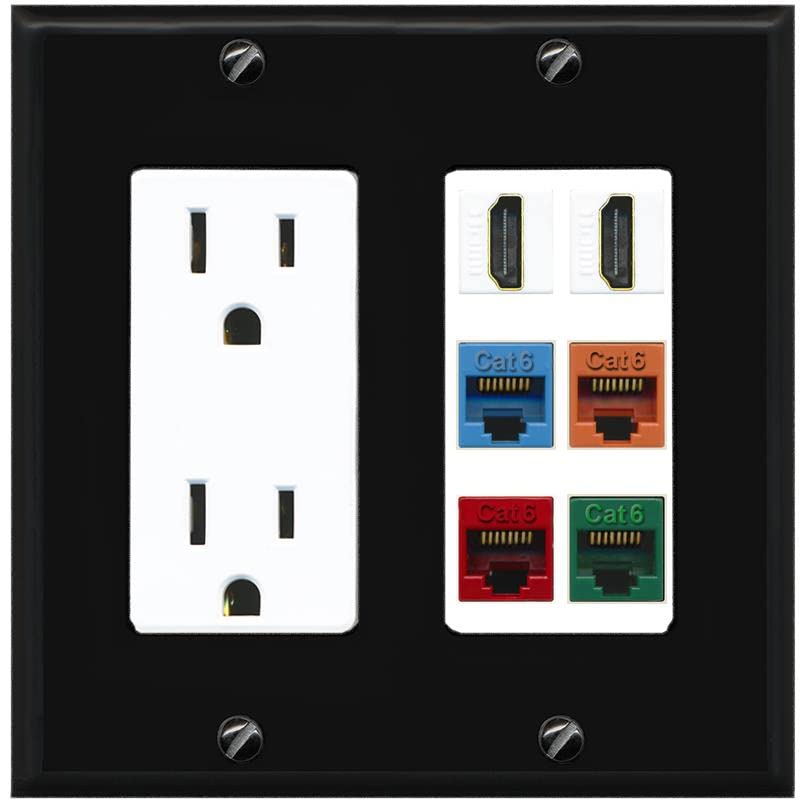 RiteAV 2 HDMI 4 Cat6 Ethernet Mixed Color Wall Plate - Outlet [Black/White]