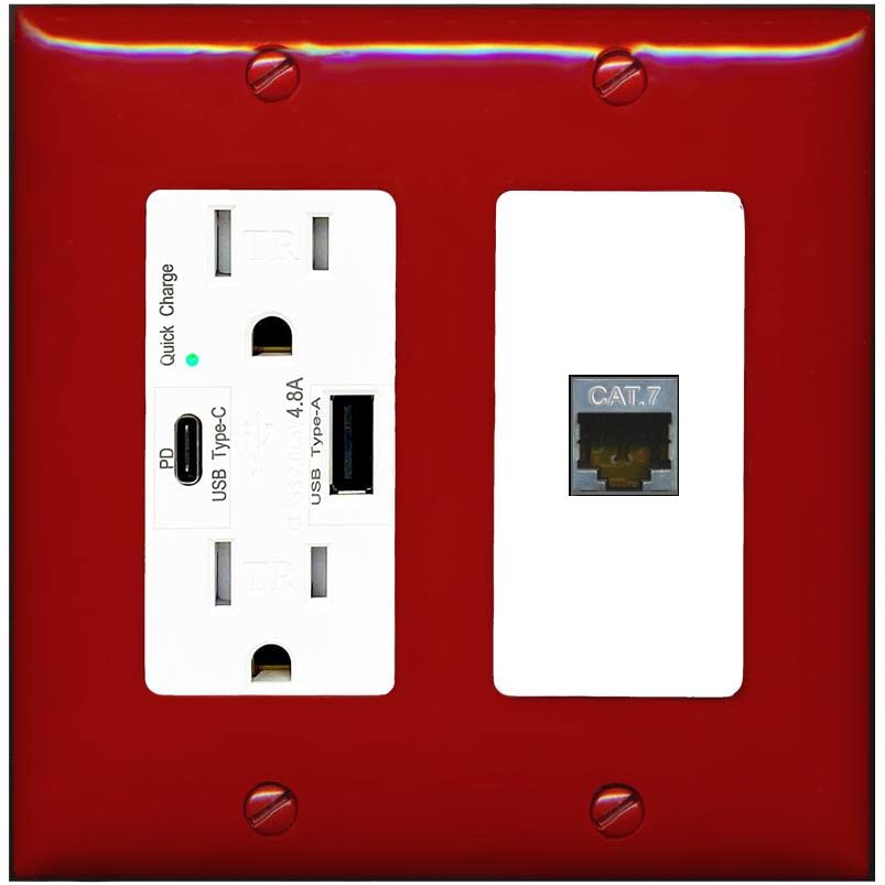RiteAV 1 Port Cat7 Shielded Ethernet Wall Plate - USB A+C Charger [Red/White]
