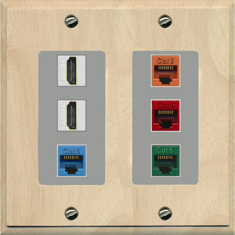 RiteAV 2 HDMI 4 Cat6 Ethernet Mixed Color Wall Plate - 2 Gang [Wood/Gray]