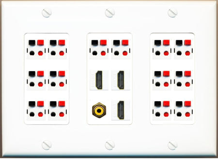 RiteAV 3 Gang Spring Clip Stye 14.1 Speaker Wall Plate with Additional 3 Ports HDMI