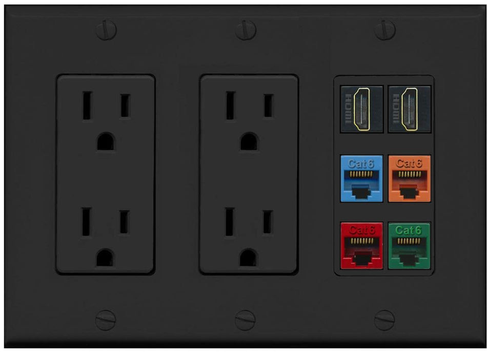 RiteAV 2 HDMI 4 Cat6 Ethernet Mixed Color Wall Plate - 3G Dual Outlet [Black/Black]