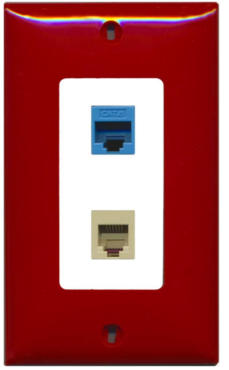 RiteAV - 1 Port Phone Beige 1 Port Cat6 Ethernet Blue Decorative Wall Plate - Red/White - Bracket Included
