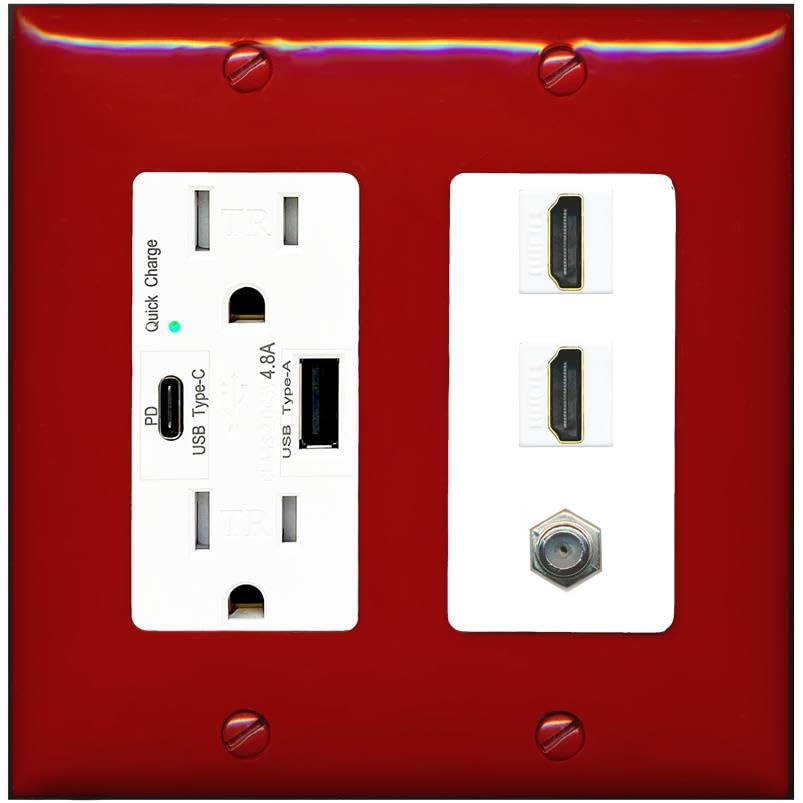 COAX 2 HDMI Wall Plate-USB A+C Charger Red/White