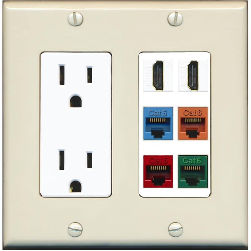 RiteAV 2 HDMI 4 Cat6 Ethernet Mixed Color Wall Plate - Outlet [Light-Almond/White]