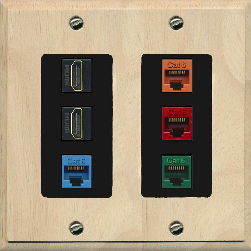 RiteAV 2 HDMI 4 Cat6 Ethernet Mixed Color Wall Plate - 2 Gang [Wood/Black]