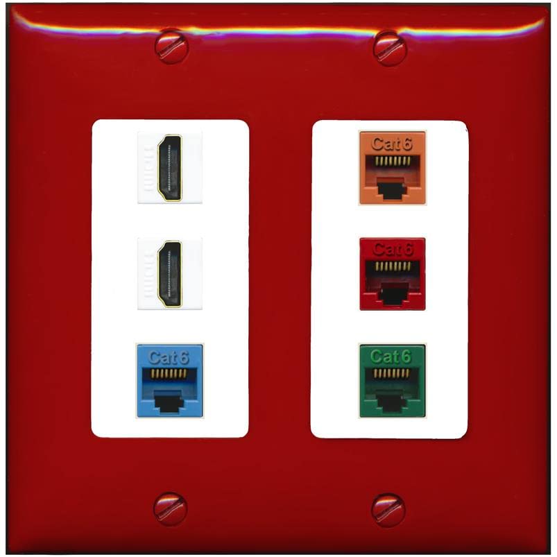 RiteAV 2 HDMI 4 Cat6 Ethernet Mixed Color Wall Plate - 2 Gang [Red/White]
