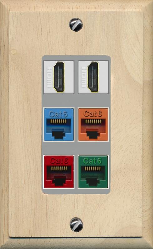 RiteAV 2 HDMI 4 Cat6 Ethernet Mixed Color Wall Plate - 1 Gang [Wood/Gray]
