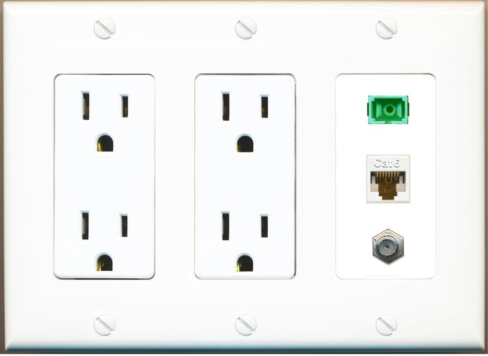 RiteAV 1 Port Fiber Optic Jack SC Simplex APC + Cat6 + Coax Wall Plate-2 Outlet White