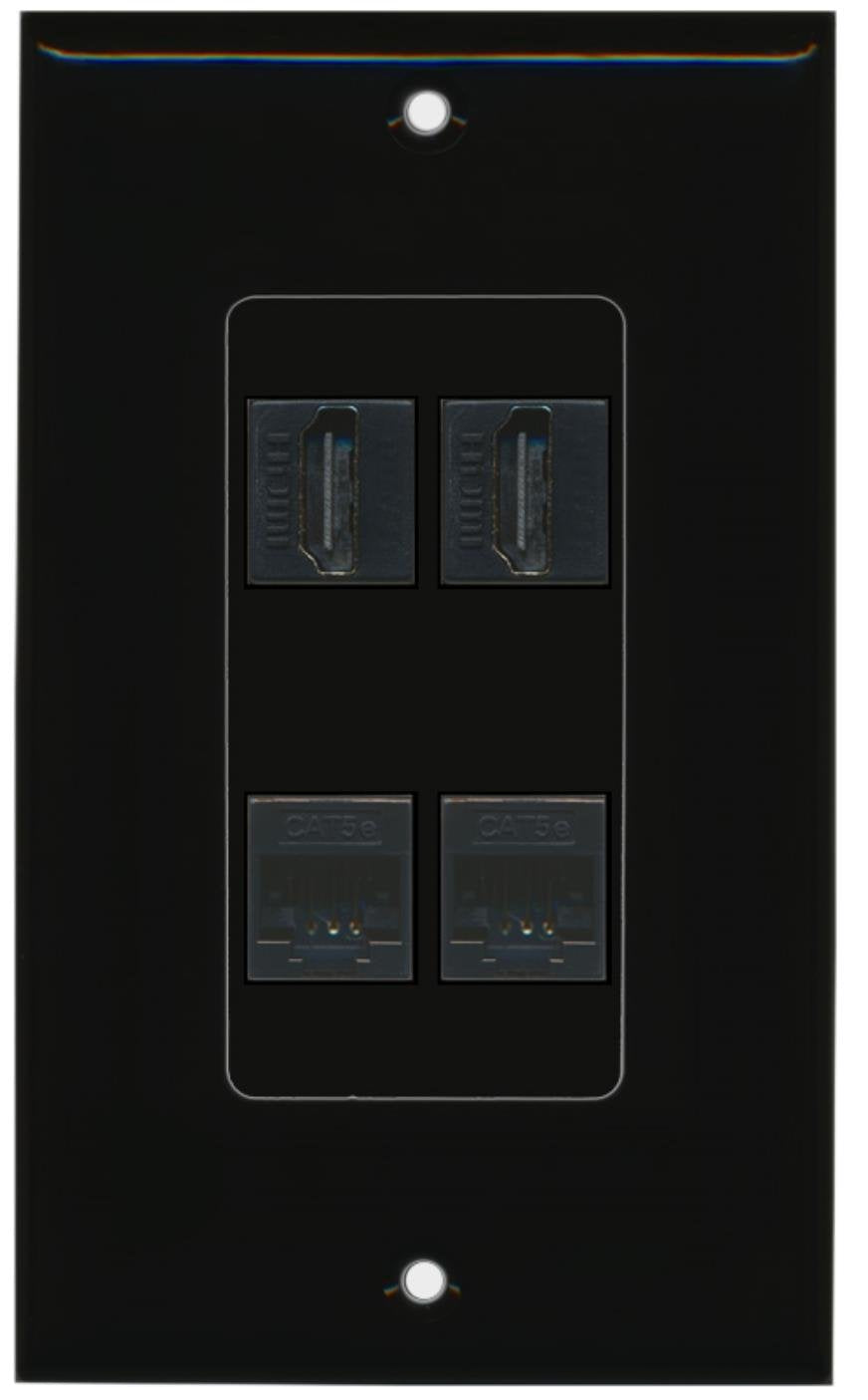 RiteAV - 2 x HDMI and 2 x Cat5e Ethernet Port Wall Plate Decorative - Black