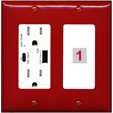 RiteAV - Custom Wall Plate 1 Port - USB A+C Charger [Red/White]
