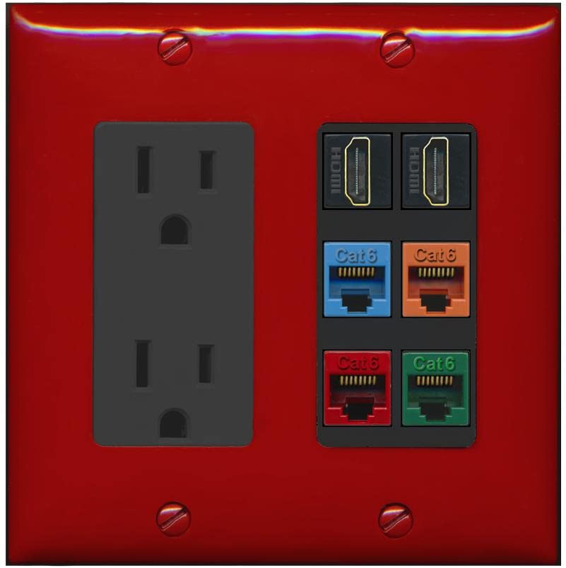 RiteAV 2 HDMI 4 Cat6 Ethernet Mixed Color Wall Plate - Outlet [Red/Black]