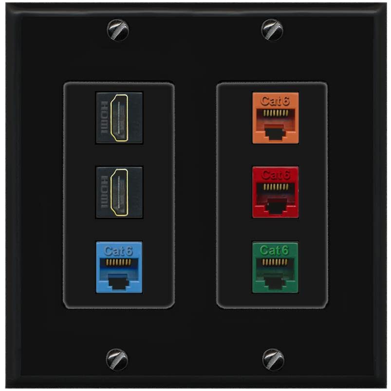 RiteAV 2 HDMI 4 Cat6 Ethernet Mixed Color Wall Plate - 2 Gang [Black/Black]