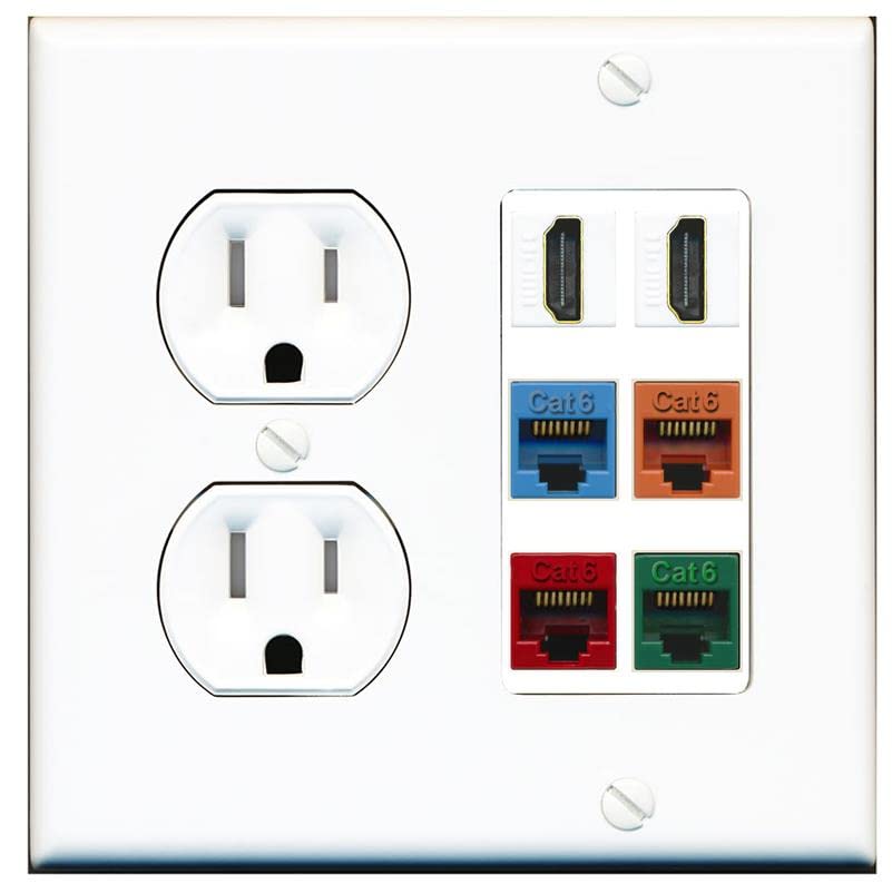 RiteAV 2 HDMI 4 Cat6 Ethernet Mixed Color Wall Plate - Tamper Res Round [White/White]