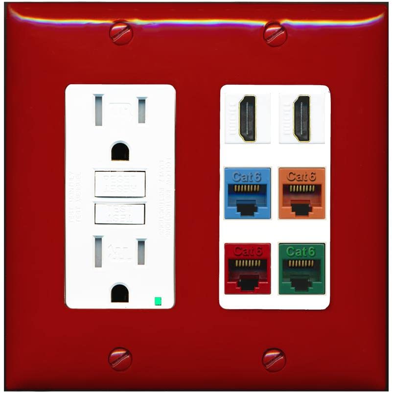 RiteAV 2 HDMI 4 Cat6 Ethernet Mixed Color Wall Plate - GFCI [Red/White]