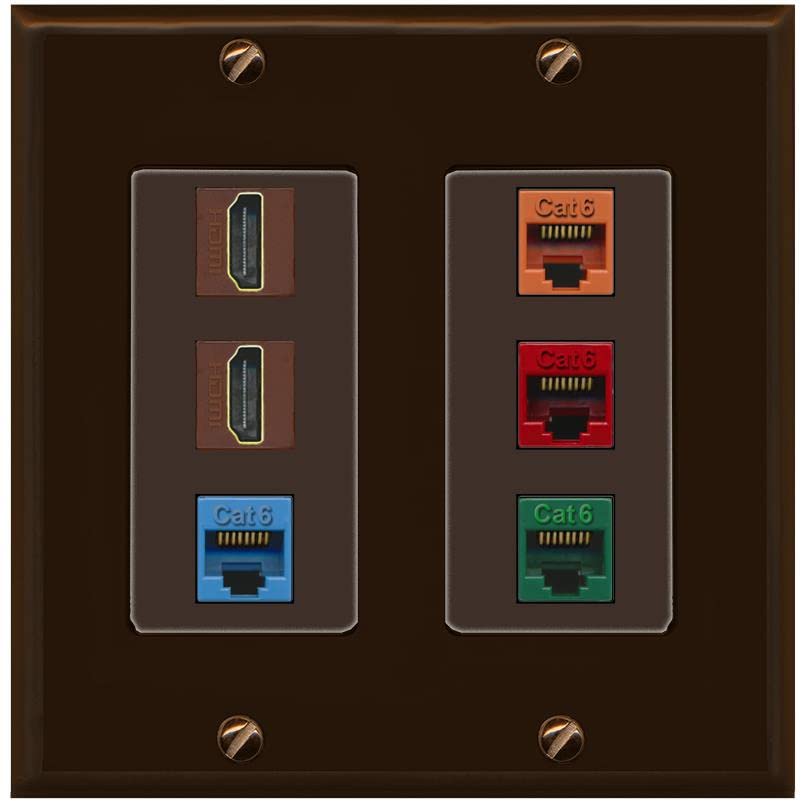 RiteAV 2 HDMI 4 Cat6 Ethernet Mixed Color Wall Plate - 2 Gang [Brown/Brown]