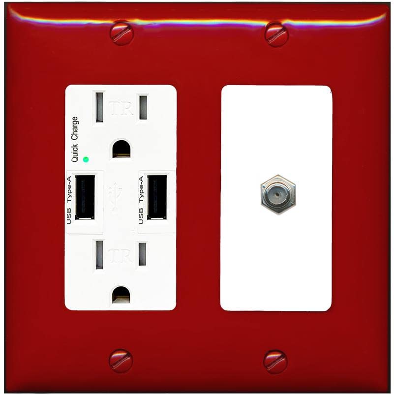 RiteAV 1 Port Coax Cable TV F-Type Wall Plate - USB Charger [Red/White]
