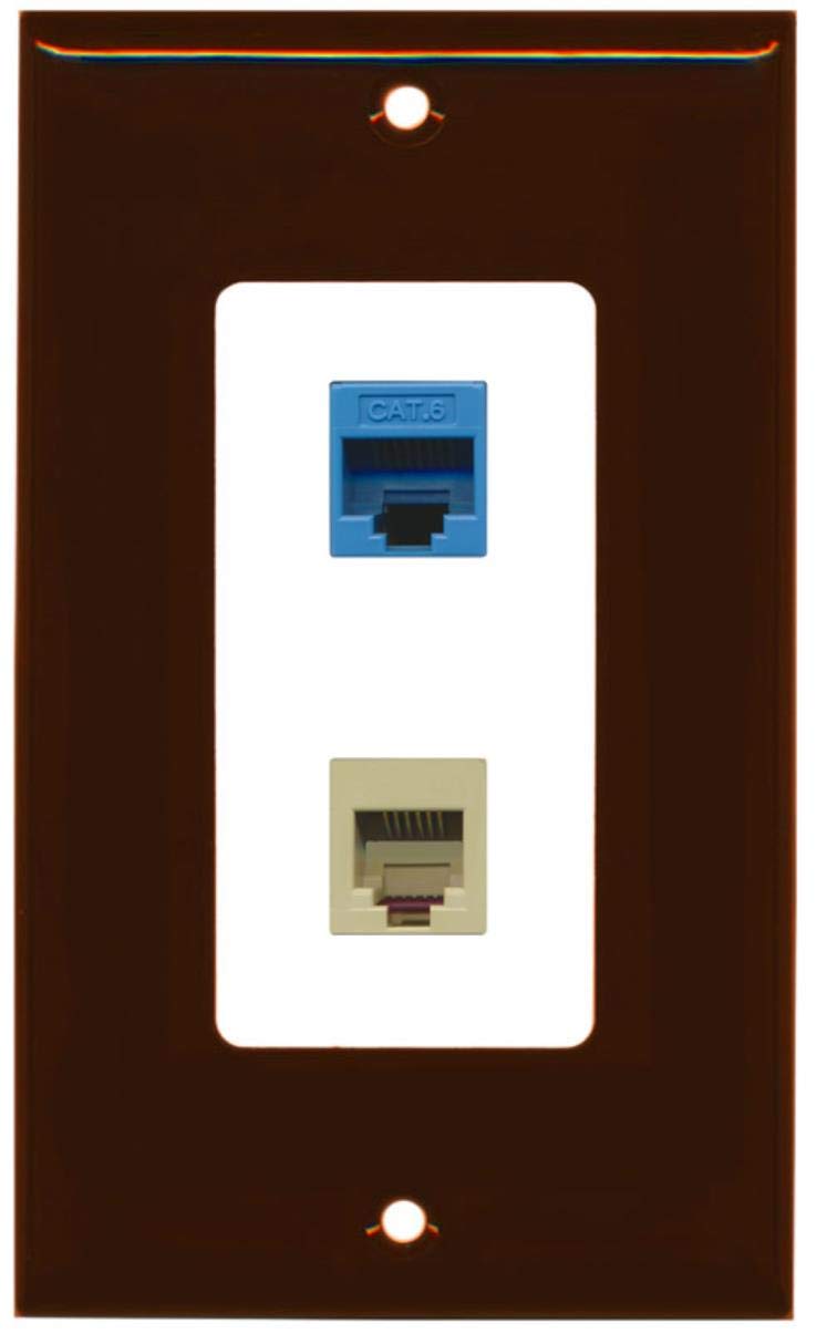 RiteAV - 1 Port Phone Beige 1 Port Cat6 Ethernet Blue Decorative Wall Plate - Brown/White - Bracket Included