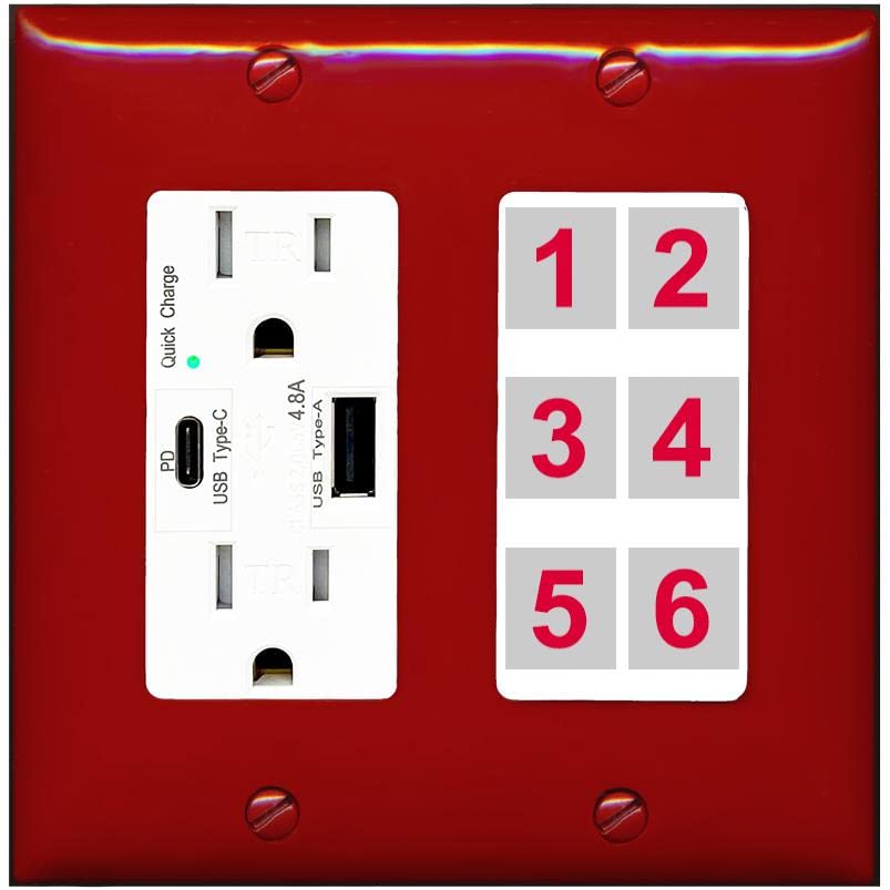 RiteAV - Custom Wall Plate 6 Port - USB A+C Charger [Red/White]